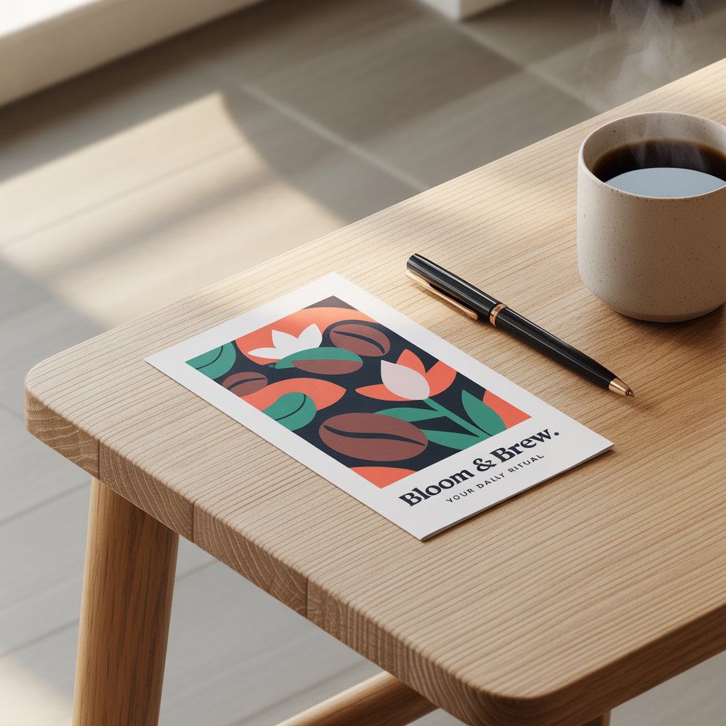 Flyer publicitario con diseño moderno junto a bolígrafo y taza